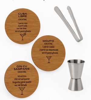 Set Suporturi Pahare cu Rețete Cocktail + Accesorii Inox
