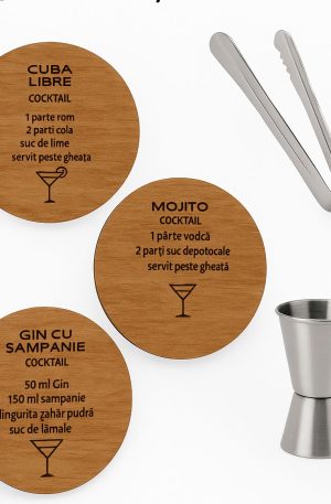 Set Suporturi Pahare cu Rețete Cocktail + Accesorii Inox